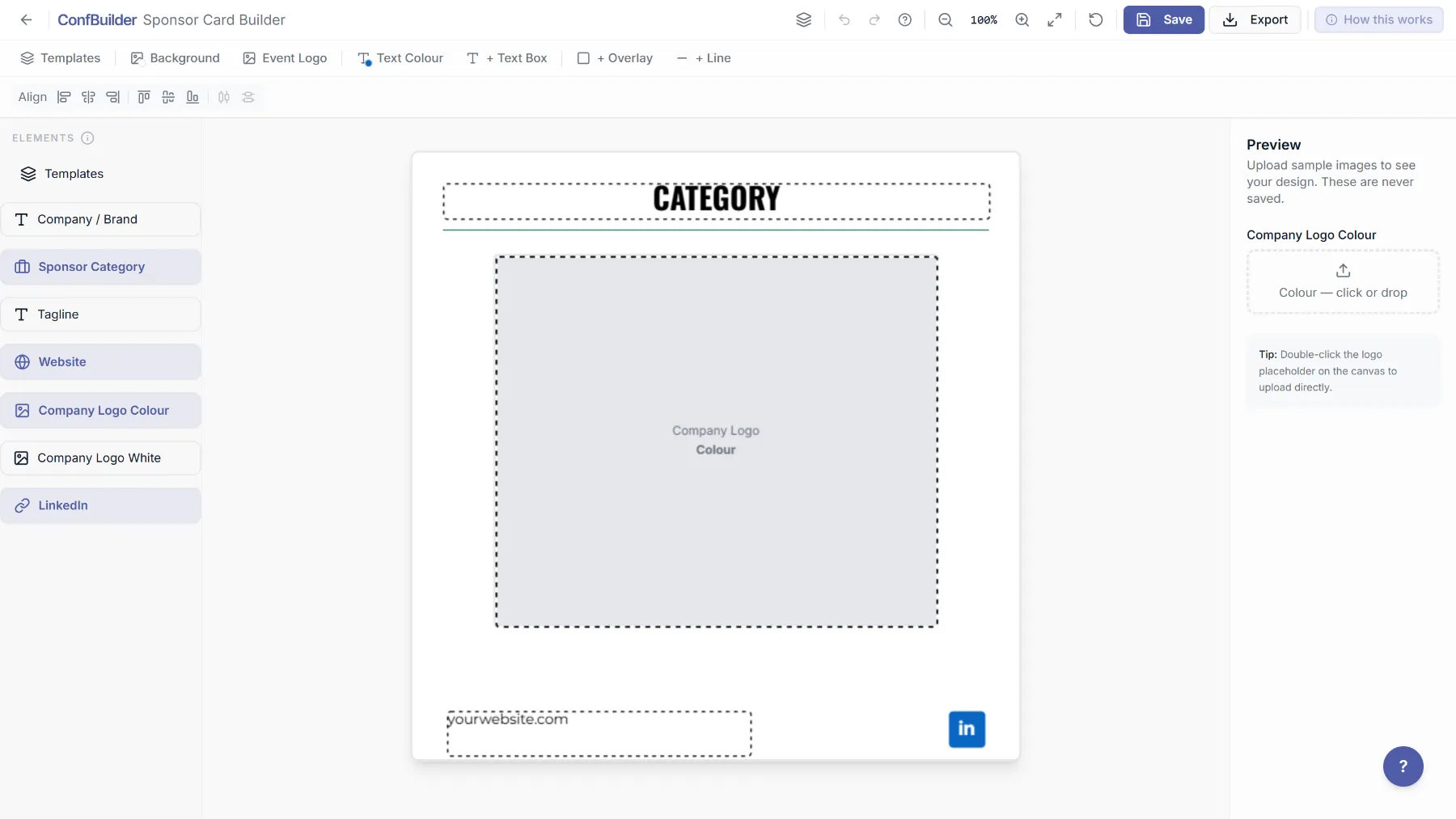 The sponsor card builder with a template open and fields on the left